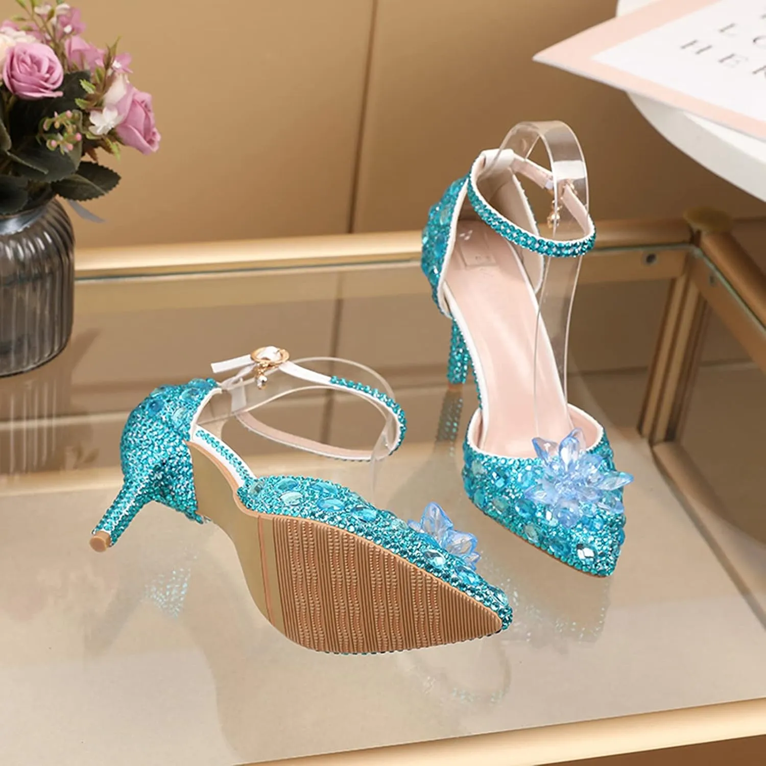Minishion Womens Rhinestone Wedding Shoes Pumps with Flower Evening Prom Heels