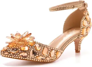 Minishion Womens Rhinestone Wedding Shoes Pumps with Flower Evening Prom Heels