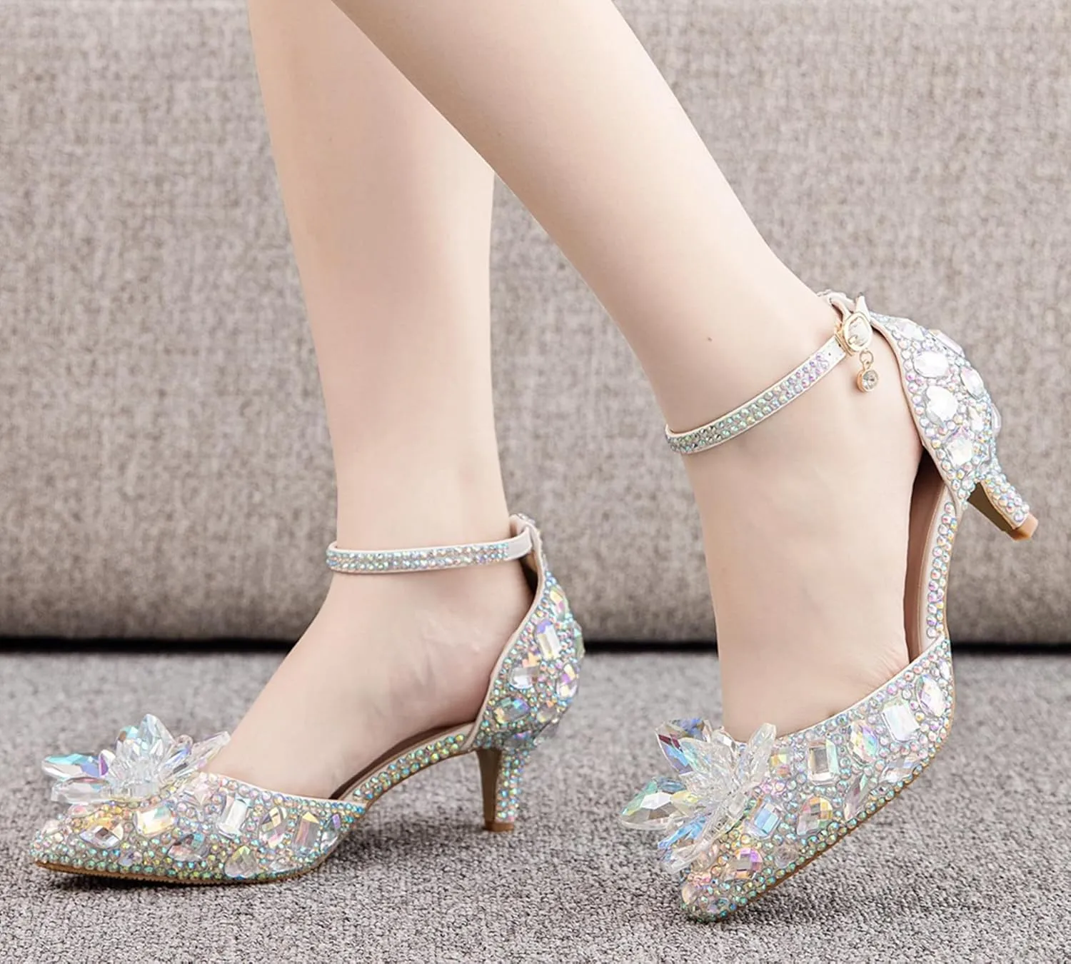 Minishion Womens Rhinestone Wedding Shoes Pumps with Flower Evening Prom Heels