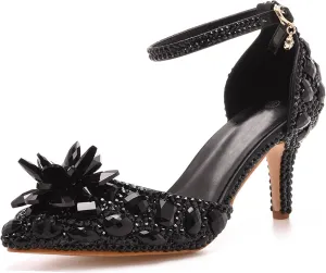 Minishion Womens Rhinestone Wedding Shoes Pumps with Flower Evening Prom Heels