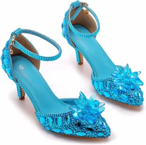 Minishion Womens Rhinestone Wedding Shoes Pumps with Flower Evening Prom Heels