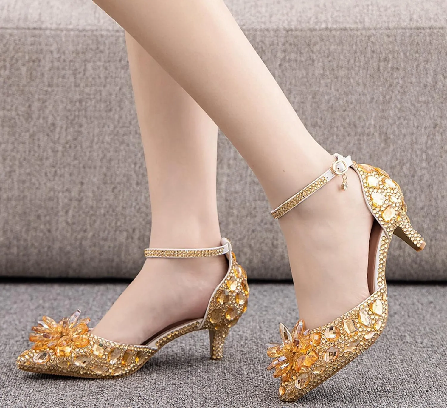 Minishion Womens Rhinestone Wedding Shoes Pumps with Flower Evening Prom Heels