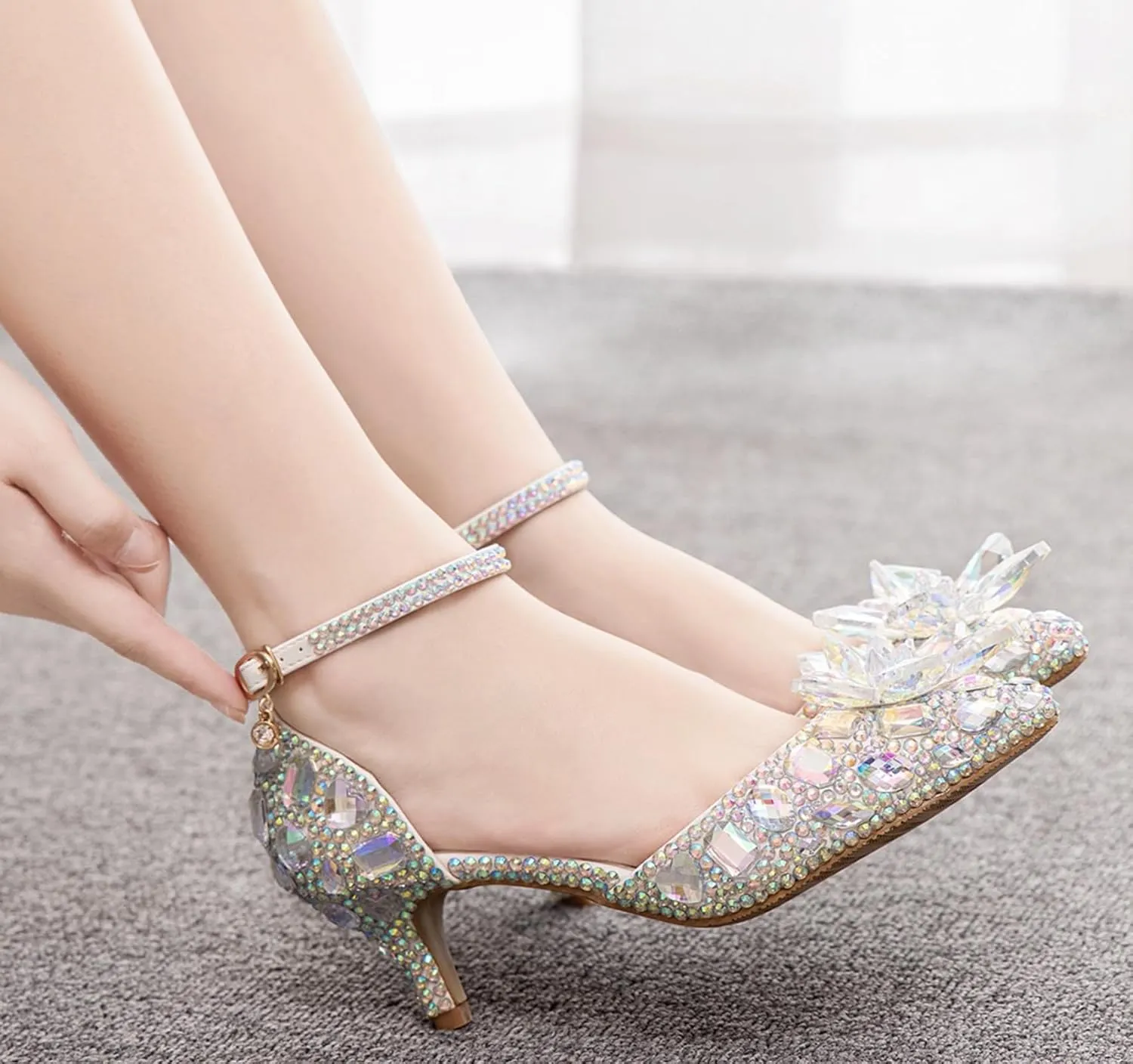 Minishion Womens Rhinestone Wedding Shoes Pumps with Flower Evening Prom Heels