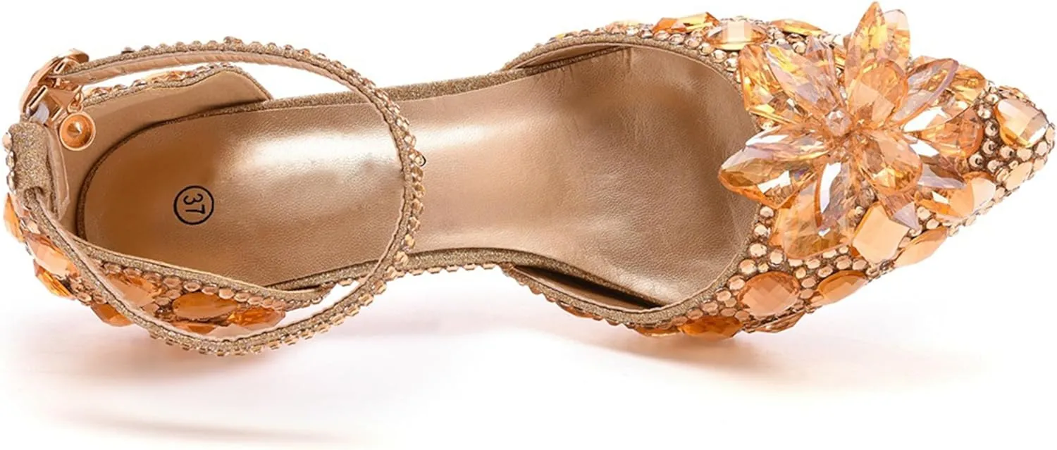 Minishion Womens Rhinestone Wedding Shoes Pumps with Flower Evening Prom Heels