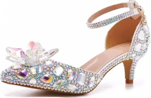 Minishion Womens Rhinestone Wedding Shoes Pumps with Flower Evening Prom Heels