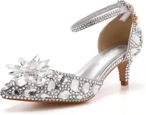 Minishion Womens Rhinestone Wedding Shoes Pumps with Flower Evening Prom Heels