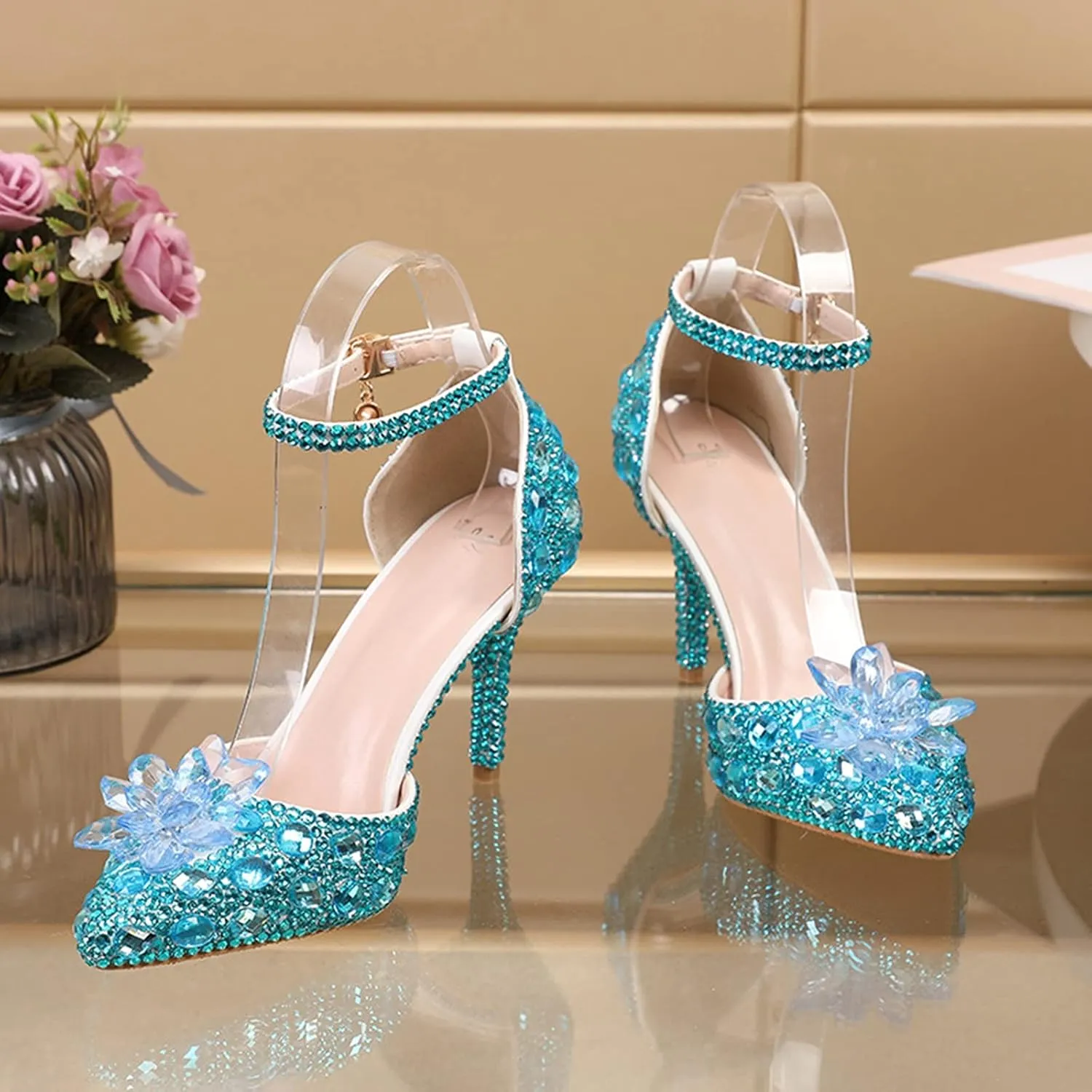 Minishion Womens Rhinestone Wedding Shoes Pumps with Flower Evening Prom Heels