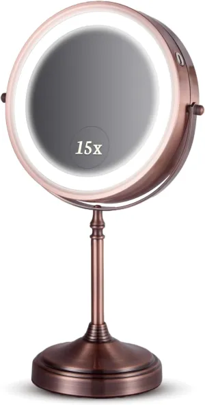 MIRRORVANA Lighted Make Up Mirror with 15X Magnification - 15X & 1X Double Sided LED Makeup Mirror with 3 Lighting Modes, Rechargeable Battery with USB Cable - 8" Wide & 15" Tall (Antique Bronze)