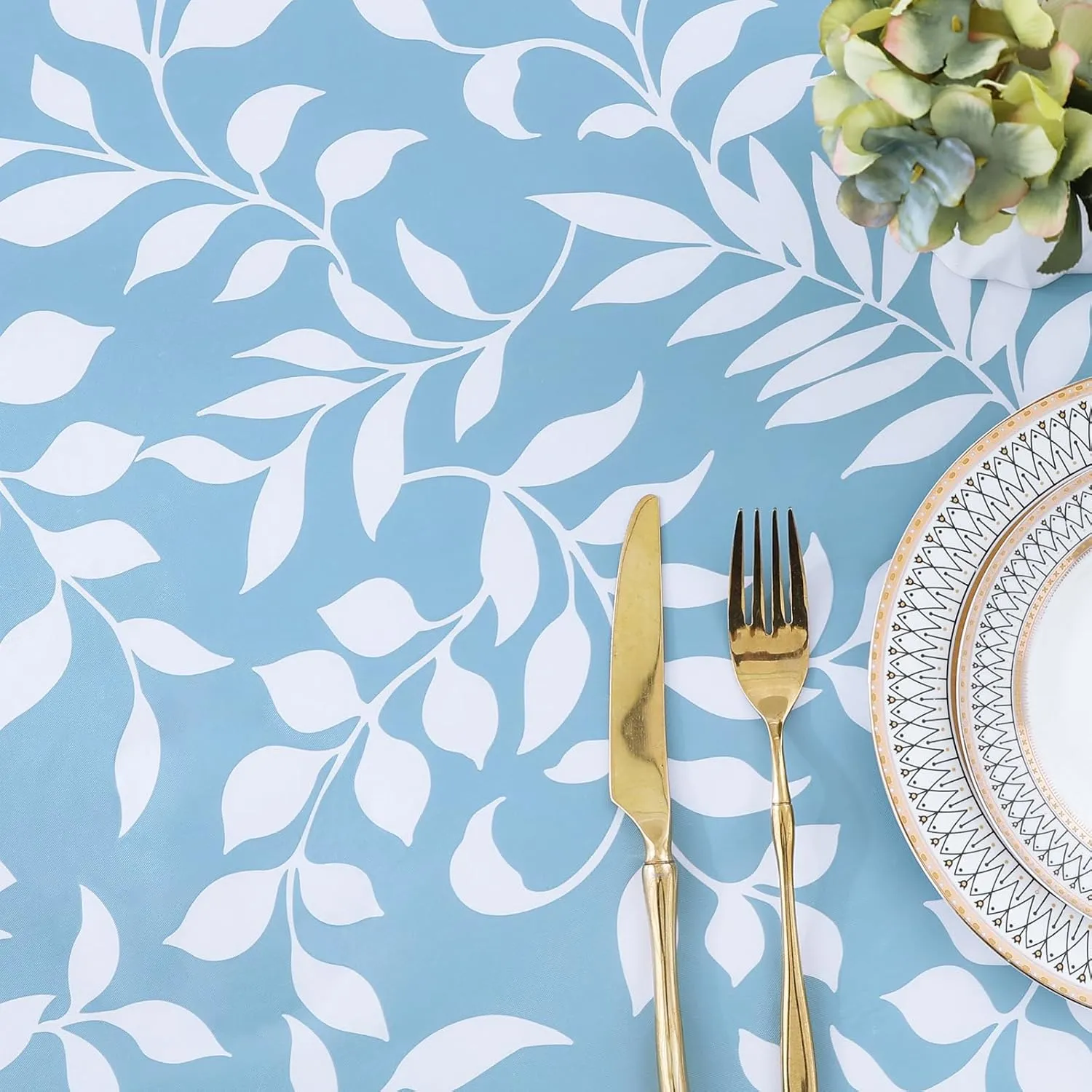 misaya Round Fitted Tablecloth with Elastic Edge, 100% Waterproof Oil Proof Plastic Table Cover, Vinyl Flannel Backed Table Cloth Fits 36"-44" Round Tables for Dinner, Outdoor, Picnic, Blue Leaves
