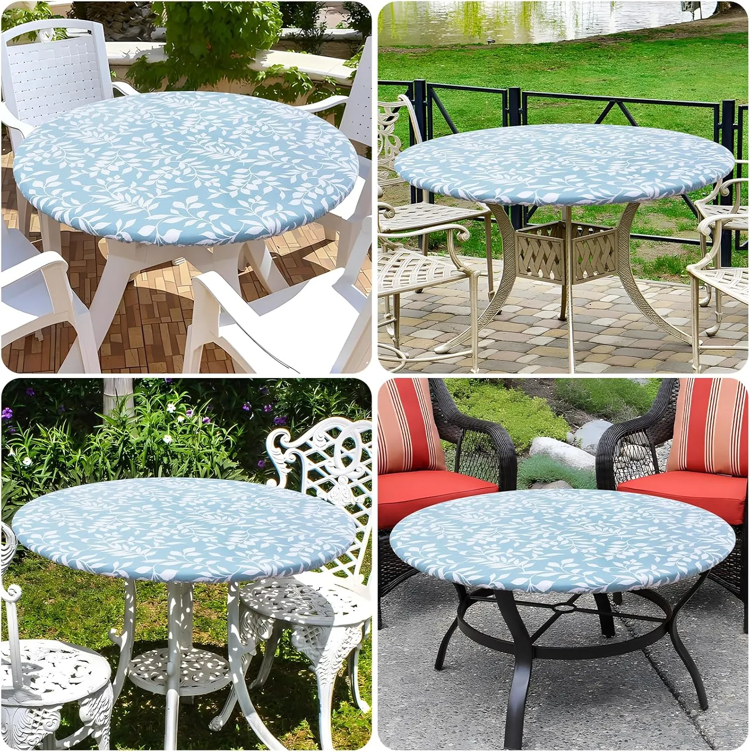 misaya Round Fitted Tablecloth with Elastic Edge, 100% Waterproof Oil Proof Plastic Table Cover, Vinyl Flannel Backed Table Cloth Fits 36"-44" Round Tables for Dinner, Outdoor, Picnic, Blue Leaves
