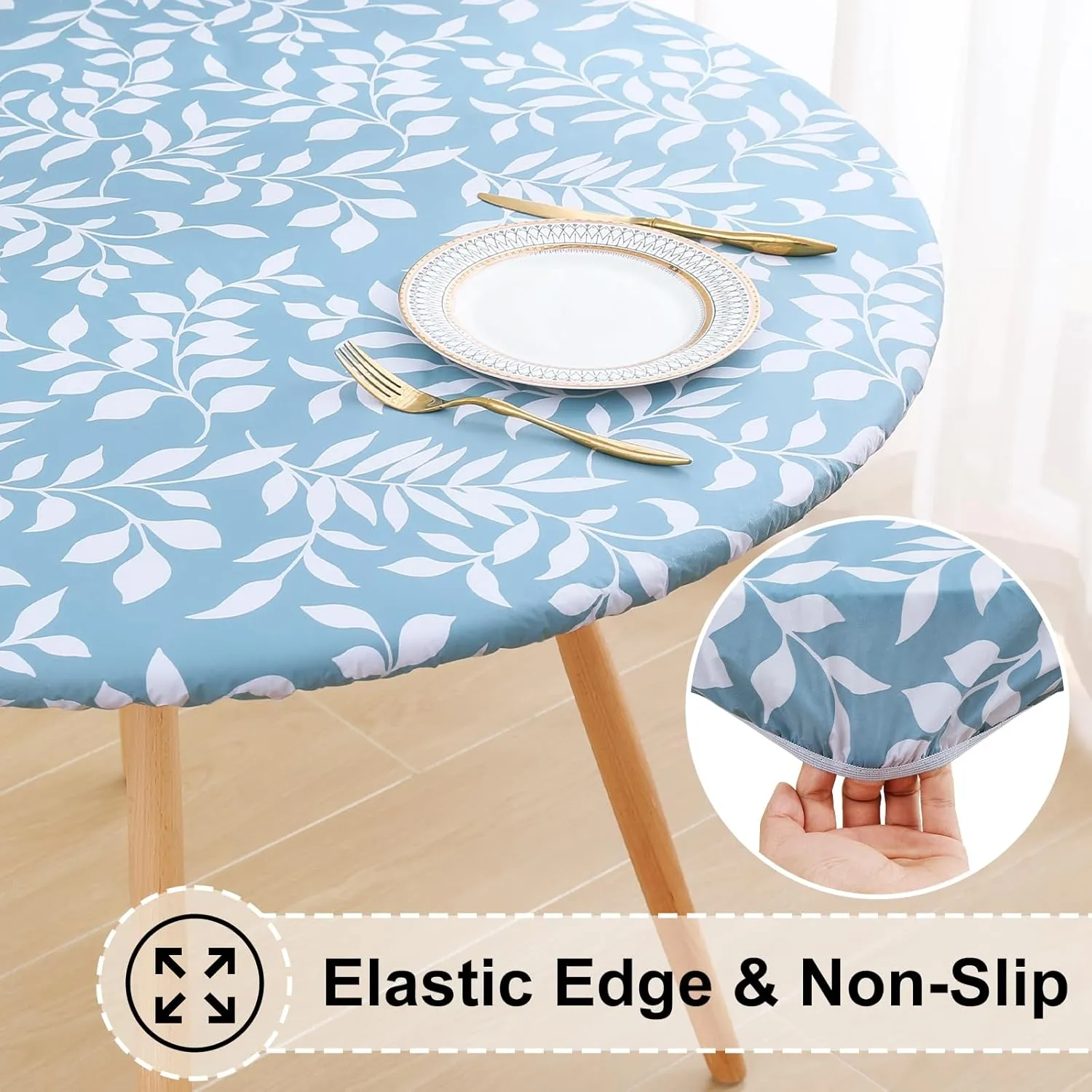 misaya Round Fitted Tablecloth with Elastic Edge, 100% Waterproof Oil Proof Plastic Table Cover, Vinyl Flannel Backed Table Cloth Fits 36"-44" Round Tables for Dinner, Outdoor, Picnic, Blue Leaves
