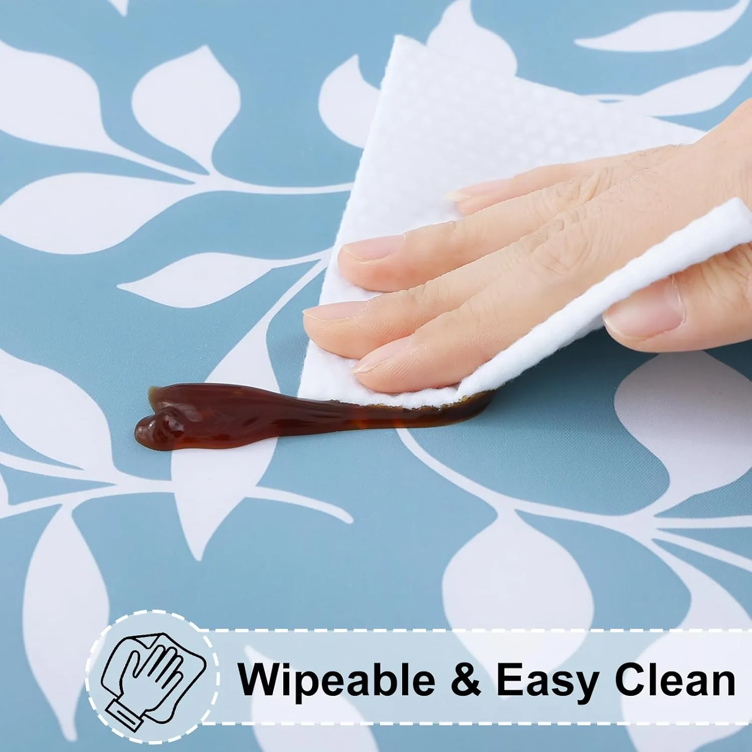 misaya Round Fitted Tablecloth with Elastic Edge, 100% Waterproof Oil Proof Plastic Table Cover, Vinyl Flannel Backed Table Cloth Fits 36"-44" Round Tables for Dinner, Outdoor, Picnic, Blue Leaves