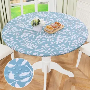 misaya Round Fitted Tablecloth with Elastic Edge, 100% Waterproof Oil Proof Plastic Table Cover, Vinyl Flannel Backed Table Cloth Fits 36"-44" Round Tables for Dinner, Outdoor, Picnic, Blue Leaves