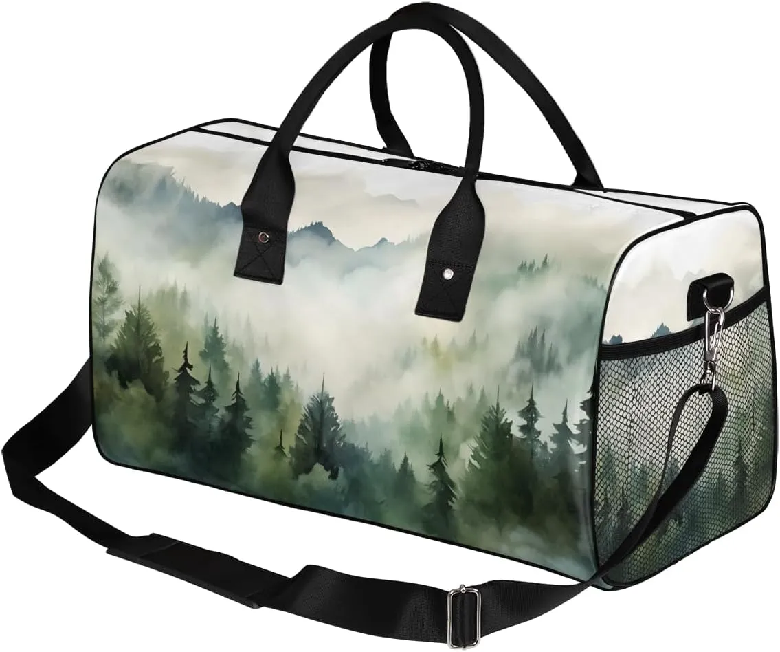 Misty Forest Travel Duffle Bag for Women Men Foldable Waterproof Weekender Bag Carry on Tote for Overnight Sports Gym Jungle Mountain Landscape
