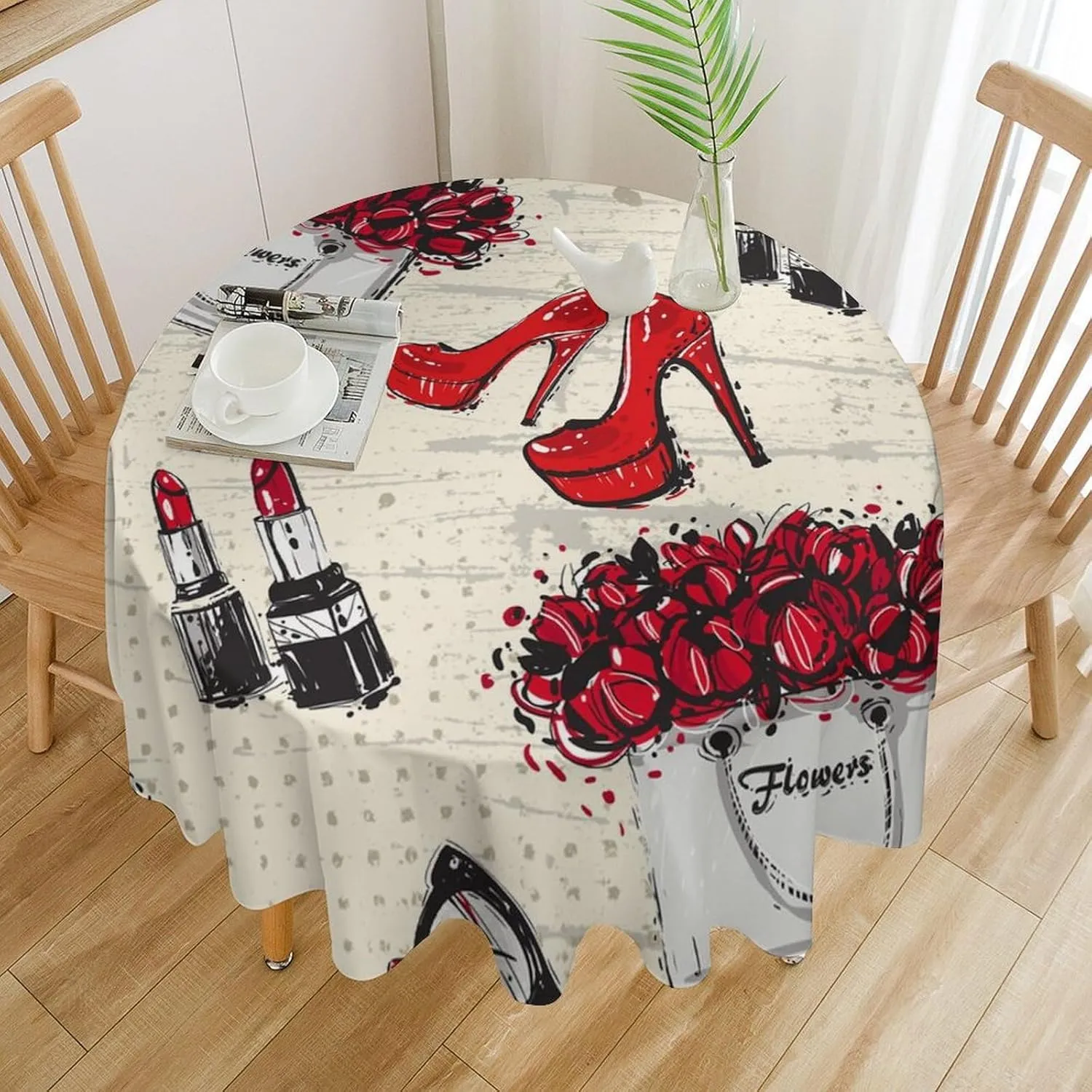 Modern Watercolor Makeup Theme Tablecloths Round 60Inch Washable,Rustic Abstract Spring Floral Rose Heels Lipstick Print Tablecloths for Kitchen Dining Room Round Table Cloth