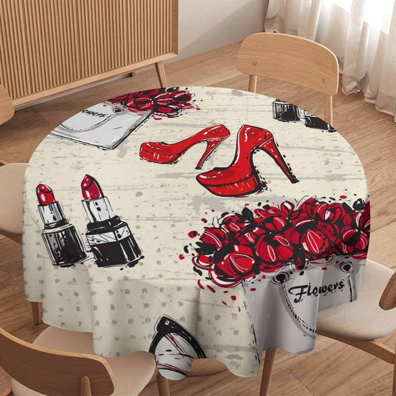 Modern Watercolor Makeup Theme Tablecloths Round 60Inch Washable,Rustic Abstract Spring Floral Rose Heels Lipstick Print Tablecloths for Kitchen Dining Room Round Table Cloth