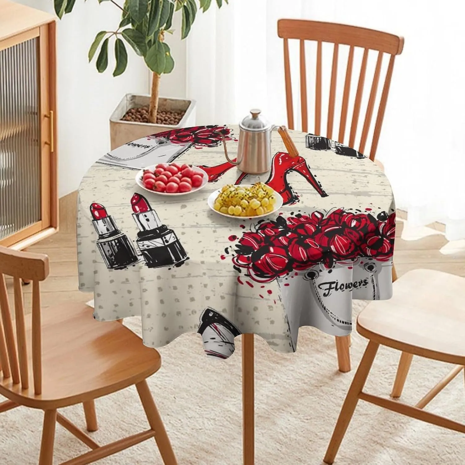 Modern Watercolor Makeup Theme Tablecloths Round 60Inch Washable,Rustic Abstract Spring Floral Rose Heels Lipstick Print Tablecloths for Kitchen Dining Room Round Table Cloth