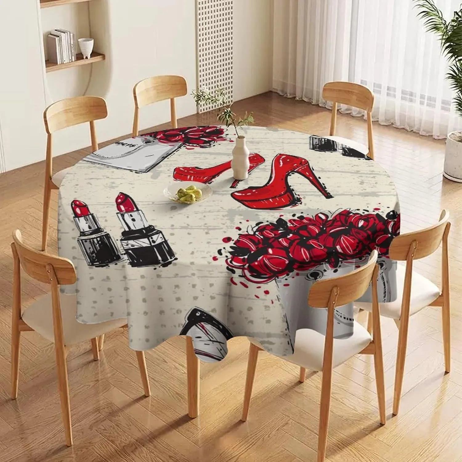 Modern Watercolor Makeup Theme Tablecloths Round 60Inch Washable,Rustic Abstract Spring Floral Rose Heels Lipstick Print Tablecloths for Kitchen Dining Room Round Table Cloth