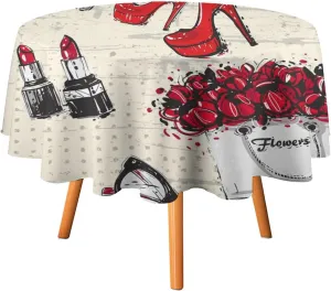 Modern Watercolor Makeup Theme Tablecloths Round 60Inch Washable,Rustic Abstract Spring Floral Rose Heels Lipstick Print Tablecloths for Kitchen Dining Room Round Table Cloth
