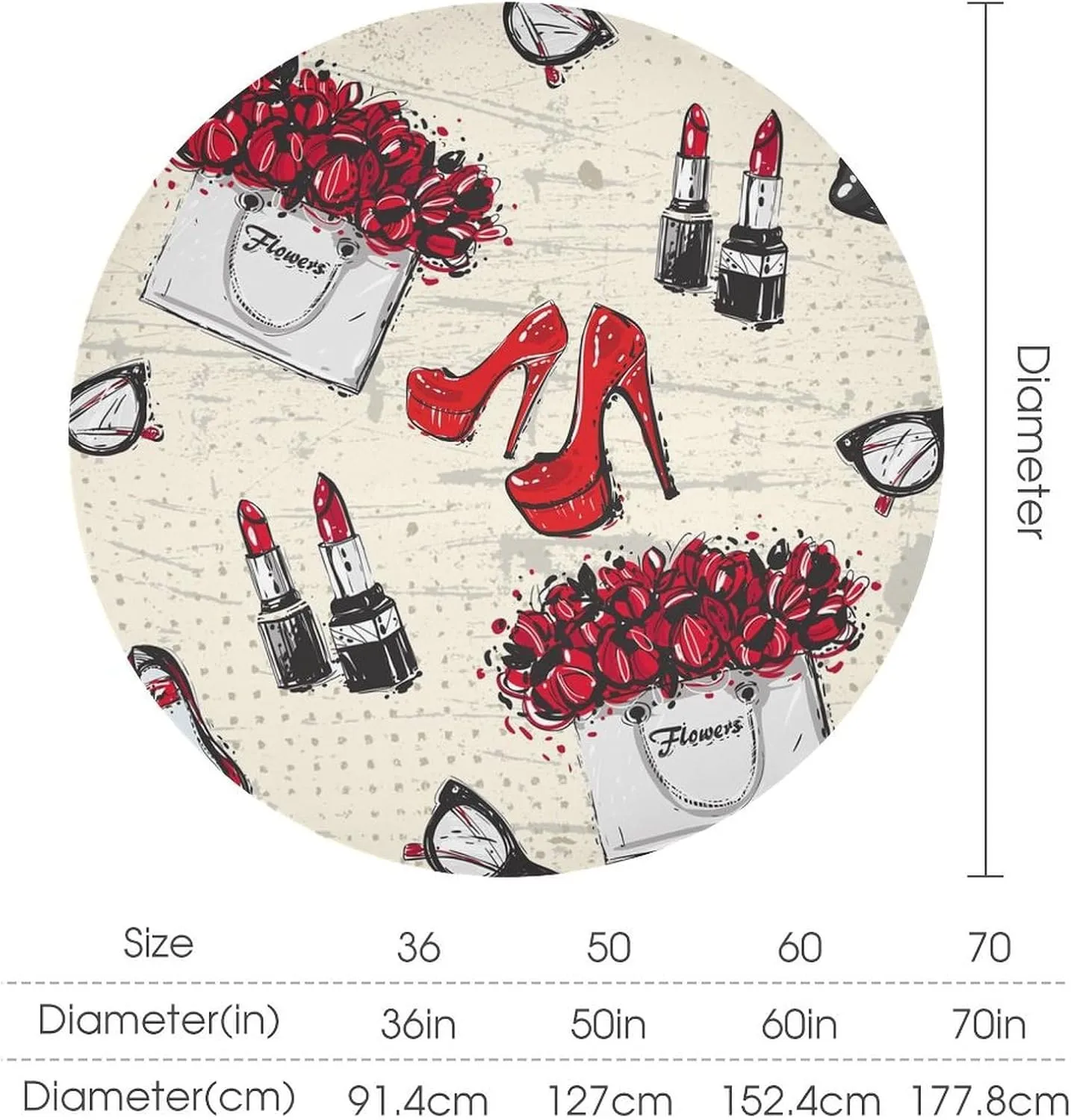 Modern Watercolor Makeup Theme Tablecloths Round 60Inch Washable,Rustic Abstract Spring Floral Rose Heels Lipstick Print Tablecloths for Kitchen Dining Room Round Table Cloth