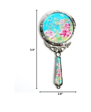 Mother of Pearl Princess Pink Peony Flower Design Sky Blue Round Stainless Steel Cosmetic Makeup Hand Mirror