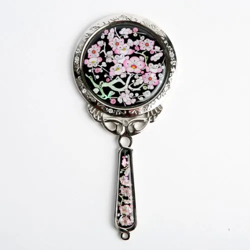 Mother of Pearl Princess Pink Plum Flower Design Round Stainless Steel Cosmetic Makeup Hand Mirror