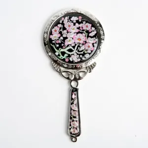 Mother of Pearl Princess Pink Plum Flower Design Round Stainless Steel Cosmetic Makeup Hand Mirror
