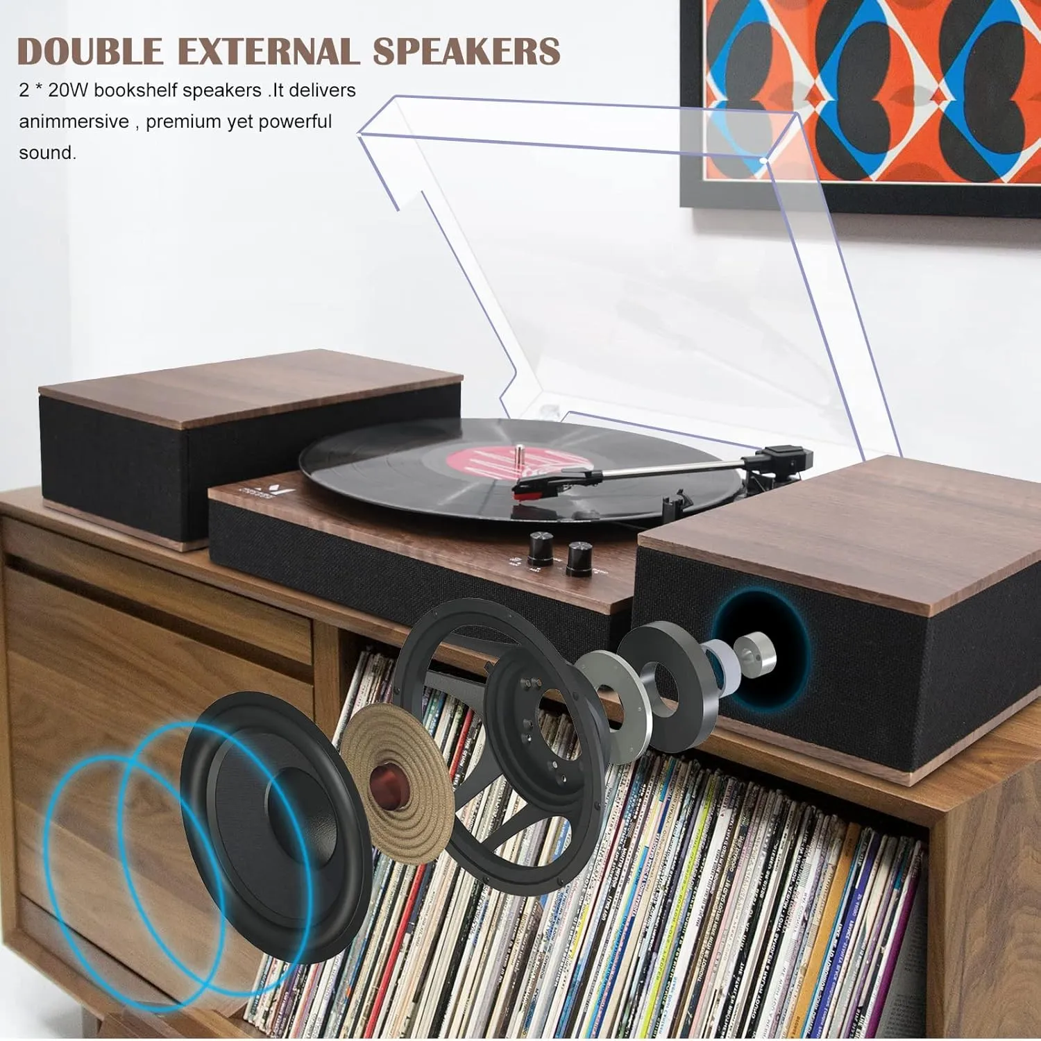 MPK Bluetooth Record Player,Turntable HiFi System with Bookshelf Speakers, 3-Speed Belt-Drive Vinyl Turntable for Vinyl Records with Wireless Playback and Auto-Stop,Walnut Wood