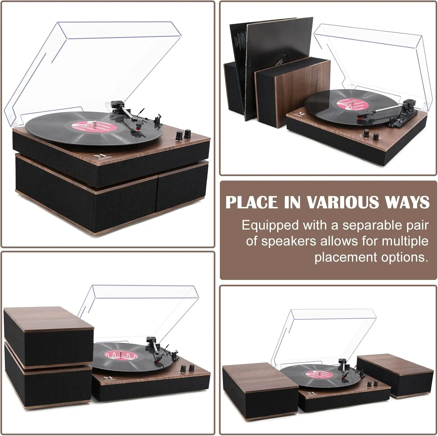 MPK Bluetooth Record Player,Turntable HiFi System with Bookshelf Speakers, 3-Speed Belt-Drive Vinyl Turntable for Vinyl Records with Wireless Playback and Auto-Stop,Walnut Wood