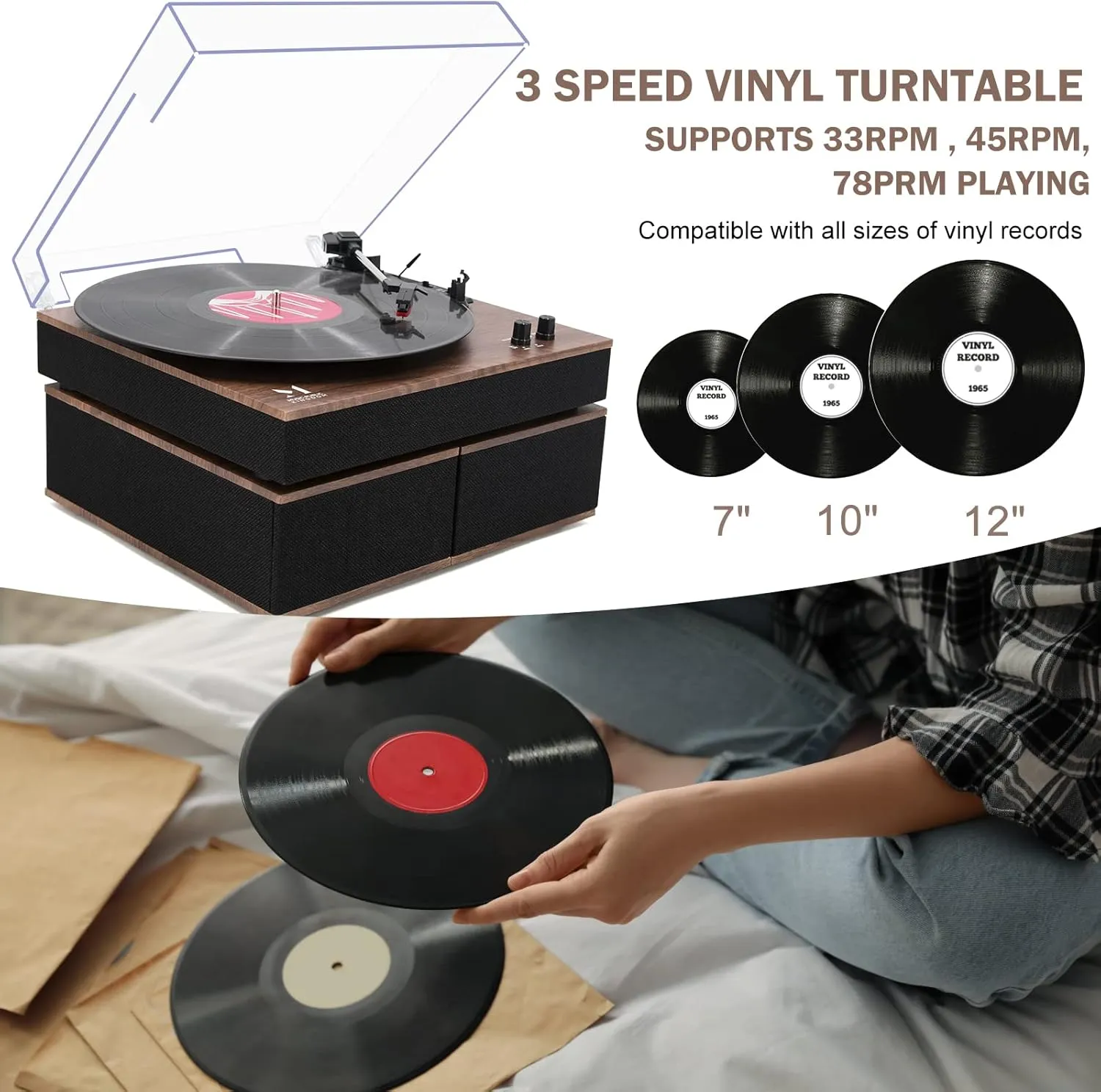 MPK Bluetooth Record Player,Turntable HiFi System with Bookshelf Speakers, 3-Speed Belt-Drive Vinyl Turntable for Vinyl Records with Wireless Playback and Auto-Stop,Walnut Wood