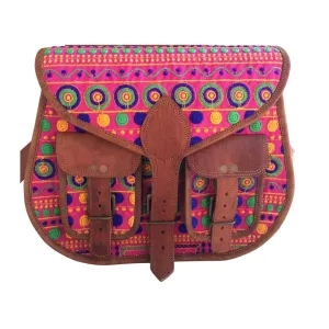 Multi Colored Madness Antique Leather Handmade Embroidery Brown Bag With Adjustable Shoulder Strap made by Leather And Canvas Lining, Bag for Office Work/Travel/College, Women & Girls