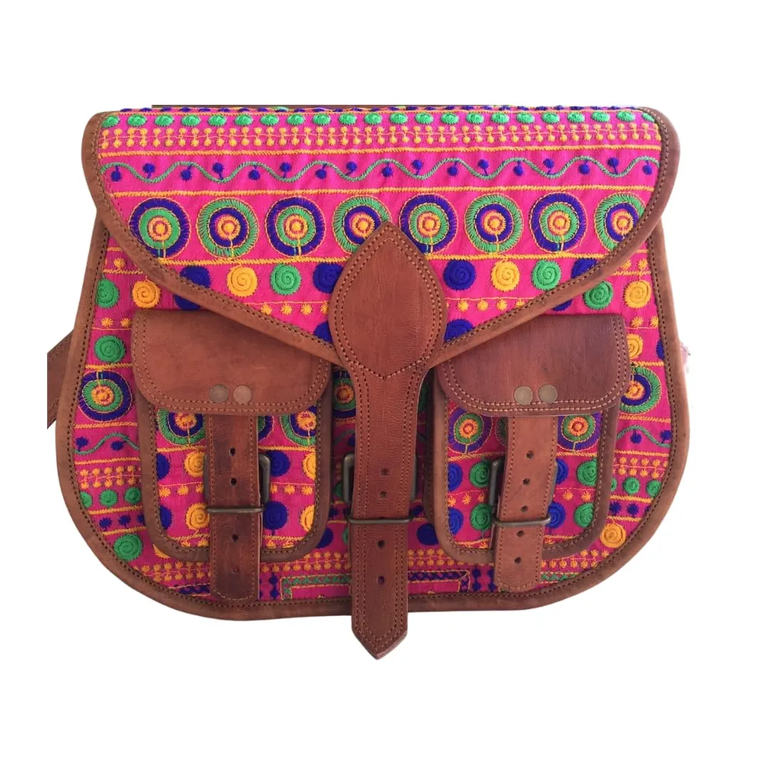 Multi Colored Madness Antique Leather Handmade Embroidery Brown Bag With Adjustable Shoulder Strap made by Leather And Canvas Lining, Bag for Office Work/Travel/College, Women & Girls