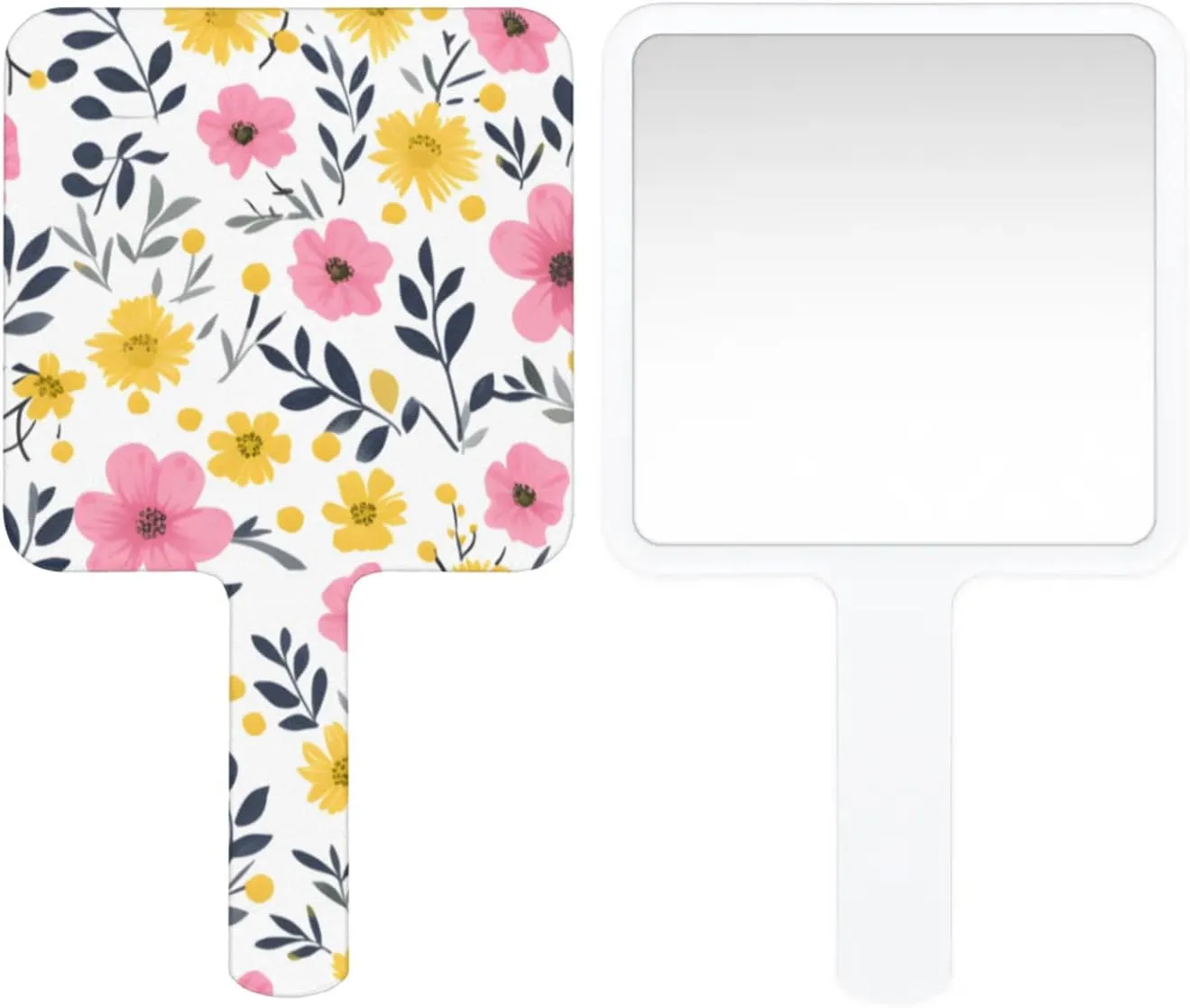 Multi Purpose Hand Mirror Cute Country Wildflower with Distortion Free Reflection, 6.7 x 3.95 in, Small Cute Square Hand Mirror Pinks Yellow Floral
