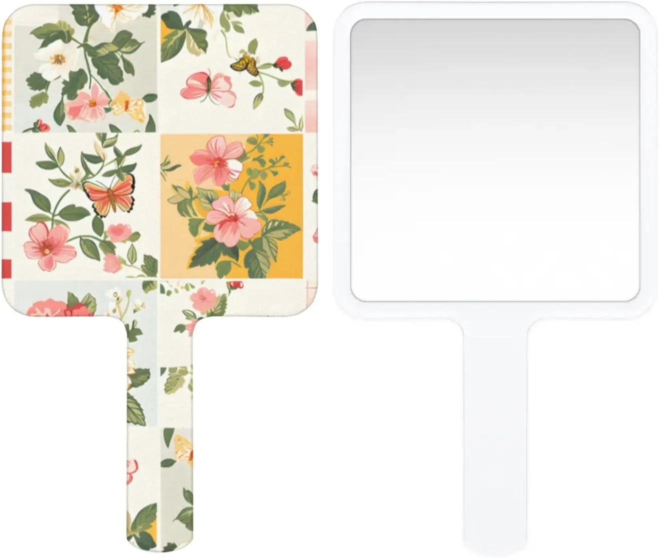 Multi Purpose Hand Mirror Cute Pinks Floral Patchwork with Distortion Free Reflection, 6.7 x 3.95 in, Small Cute Square Hand Mirror Patchwork Floral Chic