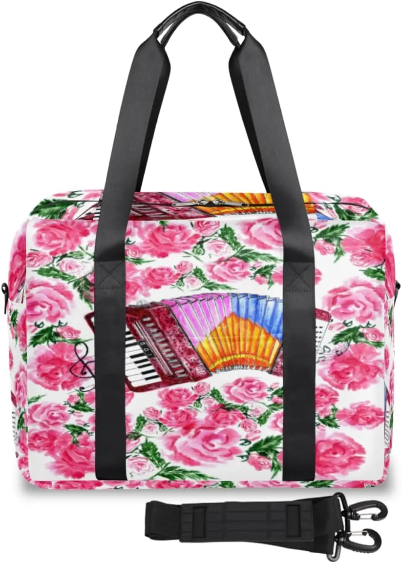 Music Accordion Flower Weekender Bag, Waterproof Travel Duffel Bags, Overnight Bags for Women, Duffel Bag with Trolley Sleeve, For Men Travel Business Gym Gift