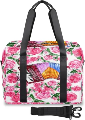 Music Accordion Flower Weekender Bag, Waterproof Travel Duffel Bags, Overnight Bags for Women, Duffel Bag with Trolley Sleeve, For Men Travel Business Gym Gift