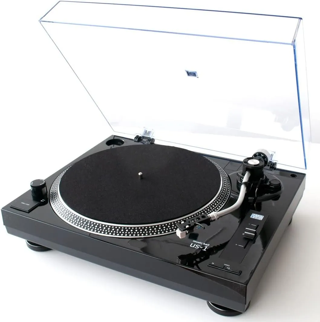 Music Hall US-1 High-Fidelity Belt-Drive Turntable with Built-in Preamp Pre-Mounted Audio Technica Cartridge S-Shaped Tonearm Detachable Headshell for Easy Upgrades is Stylish Glossy Black Finish