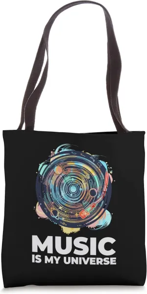 Music Is My Universe with Planets in Orbits on Vinyl Record Tote Bag