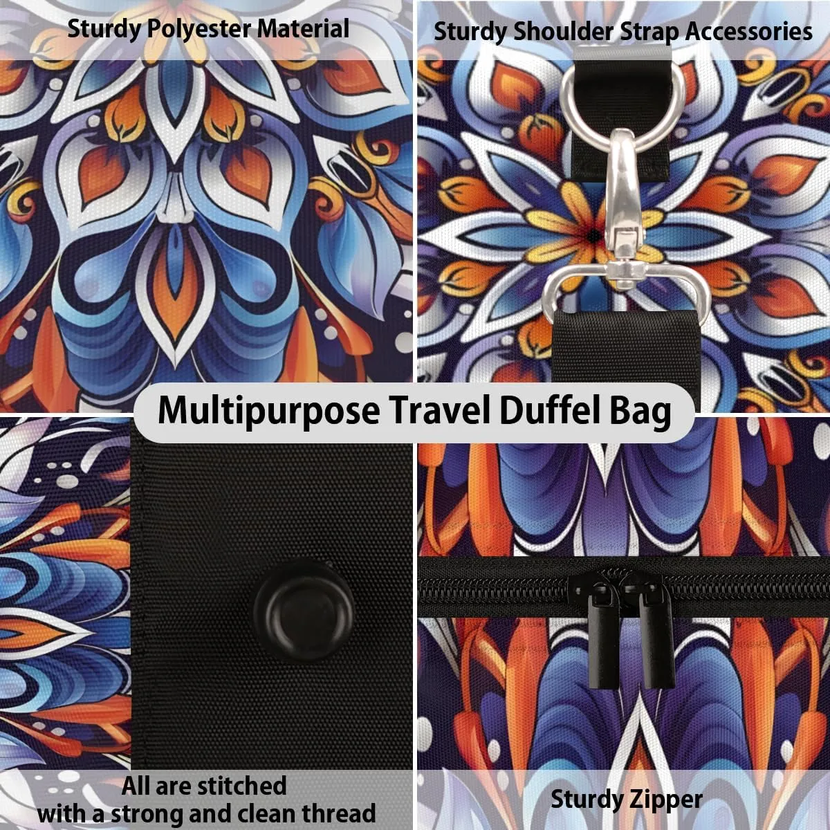 Mystic Mandala Travel Duffle Bag for Women Men Gym Duffel Foldable Bag Waterproof Weekender Floral Design Duffle Tote