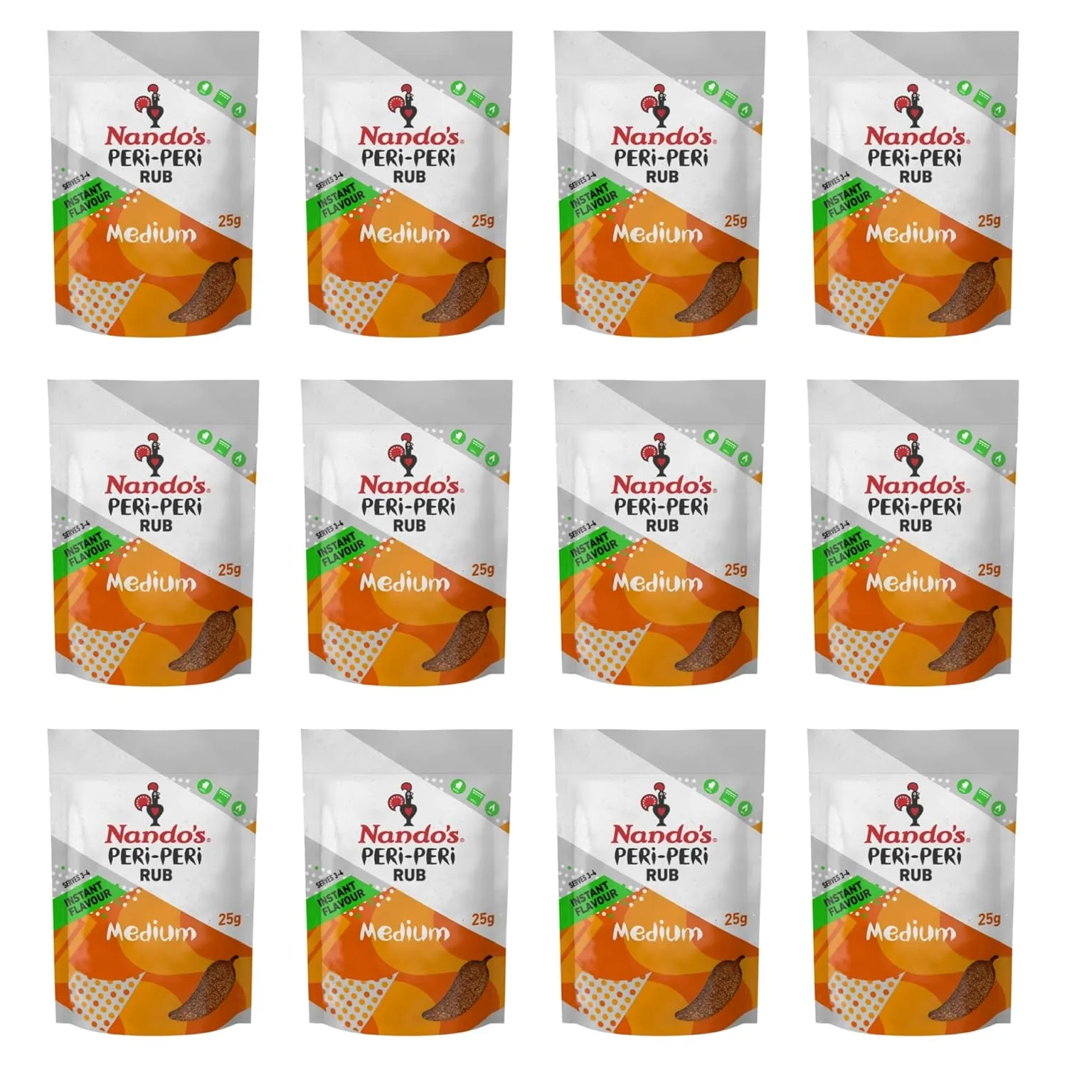 Nando's PERi-PERi Medium Dry Rub - BBQ Seasoning Instant Flavor with a Blend of Garlic, Herbs and Spices with PERi-Peri 25g Bags (12PK)
