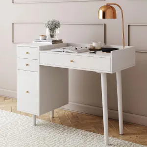 Nathan James Daisy Vanity Dressing Table or Makeup Desk with 4-Drawers and Brass Accent Knobs, White Wood