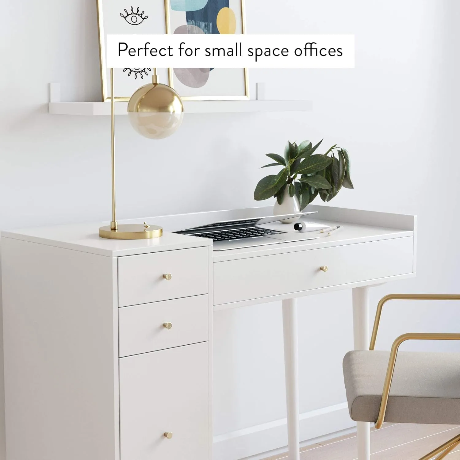 Nathan James Daisy Vanity Dressing Table or Makeup Desk with 4-Drawers and Brass Accent Knobs, White Wood