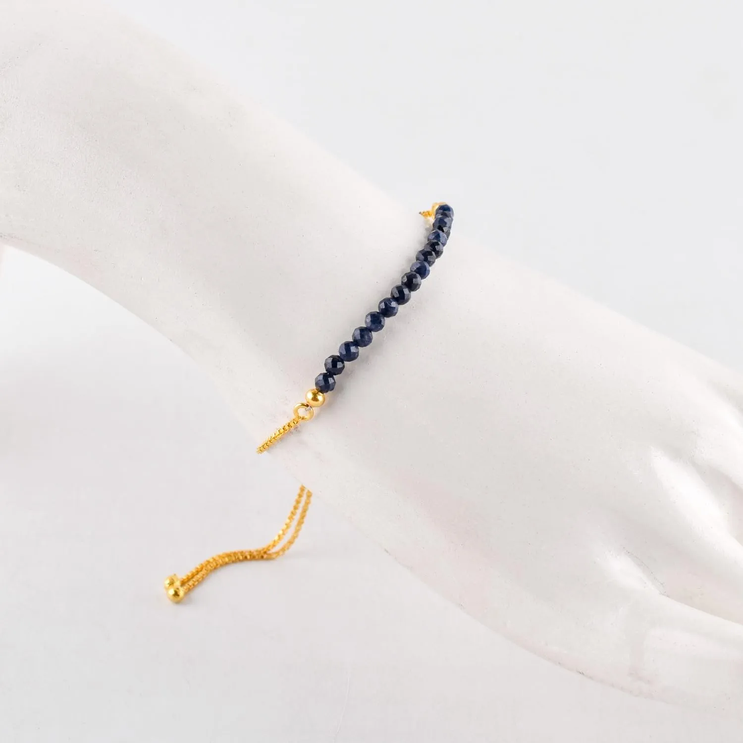 Natural Blue Sapphire Gemstone Micro Beaded Dainty Slider Bolo Bracelet, Handmade Jewelry for women, Healing Chakra Crystals Birthstone Gift for Her, 14K Gold Plated Chain 6-9 inch