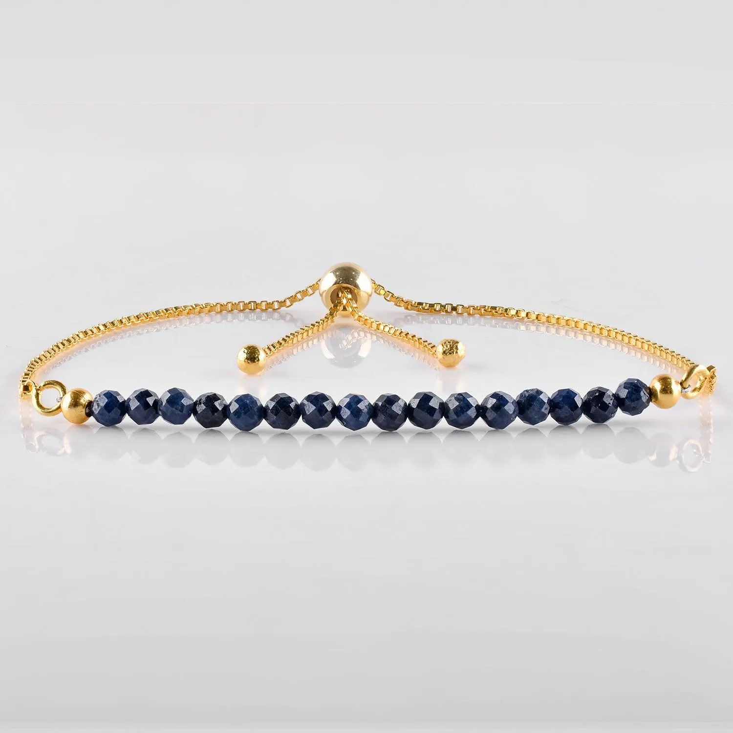 Natural Blue Sapphire Gemstone Micro Beaded Dainty Slider Bolo Bracelet, Handmade Jewelry for women, Healing Chakra Crystals Birthstone Gift for Her, 14K Gold Plated Chain 6-9 inch