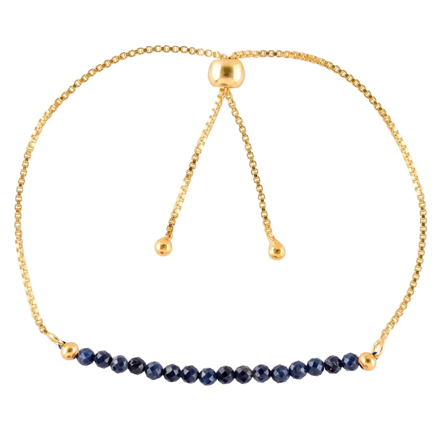 Natural Blue Sapphire Gemstone Micro Beaded Dainty Slider Bolo Bracelet, Handmade Jewelry for women, Healing Chakra Crystals Birthstone Gift for Her, 14K Gold Plated Chain 6-9 inch