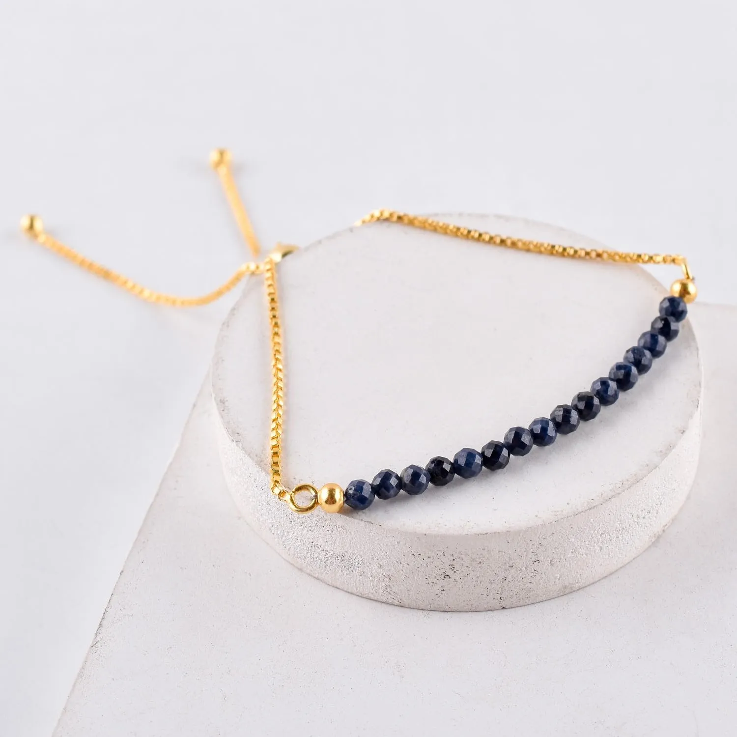 Natural Blue Sapphire Gemstone Micro Beaded Dainty Slider Bolo Bracelet, Handmade Jewelry for women, Healing Chakra Crystals Birthstone Gift for Her, 14K Gold Plated Chain 6-9 inch