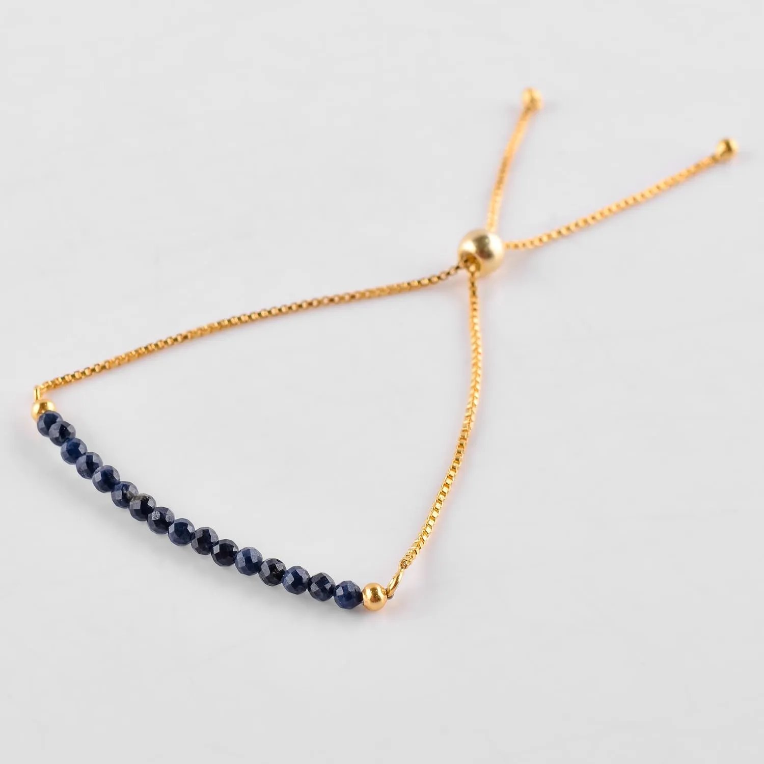 Natural Blue Sapphire Gemstone Micro Beaded Dainty Slider Bolo Bracelet, Handmade Jewelry for women, Healing Chakra Crystals Birthstone Gift for Her, 14K Gold Plated Chain 6-9 inch