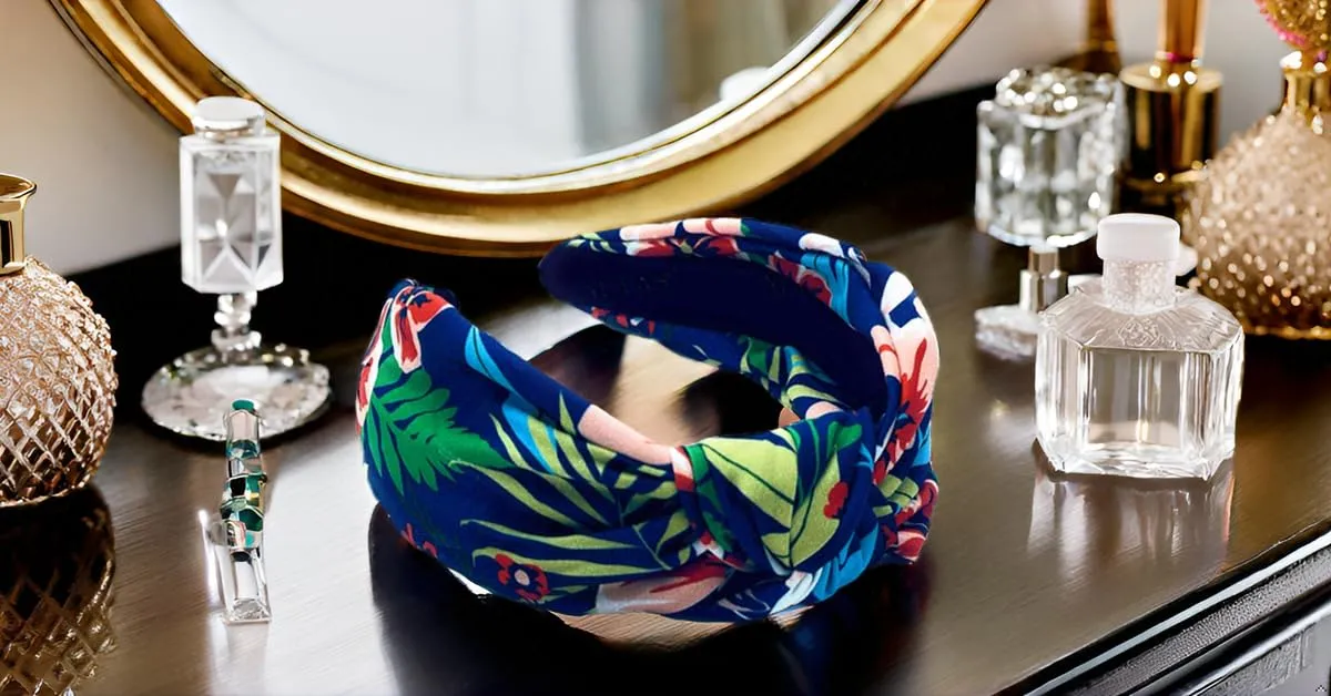 Navy Blue Floral Knotted Headband for Women Made of Silk Quality Satin Fabric, Unique and Classy. Girls Headbands, Trendy Hair Accessory, Designer Top Knot Head band Fashion