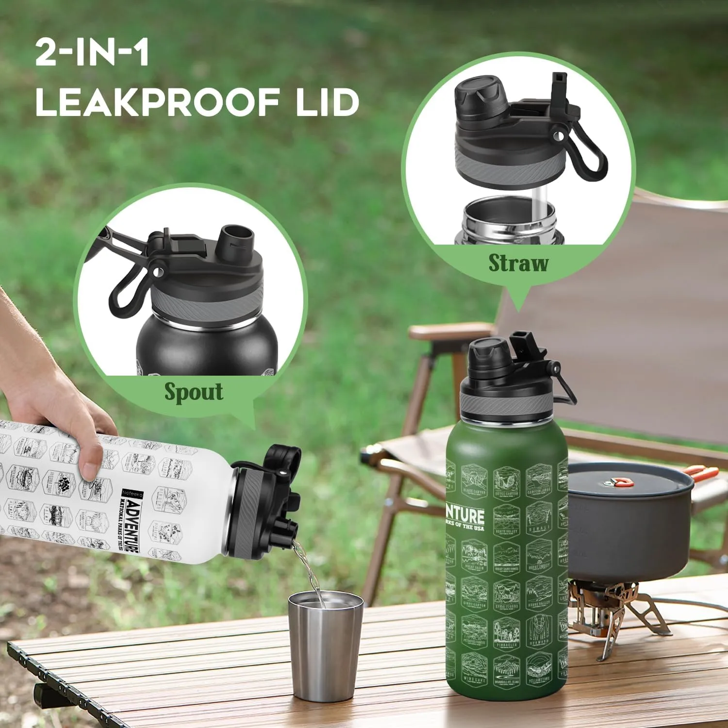 Nefeeko 32oz National Parks Water Bottle - Insulated Adventure Bottle with Waterproof Stickers | Leakproof Lid & Dual Straw/Spout | USA Bucket List Gift for Hikers, Camping & Outdoor Enthusiasts