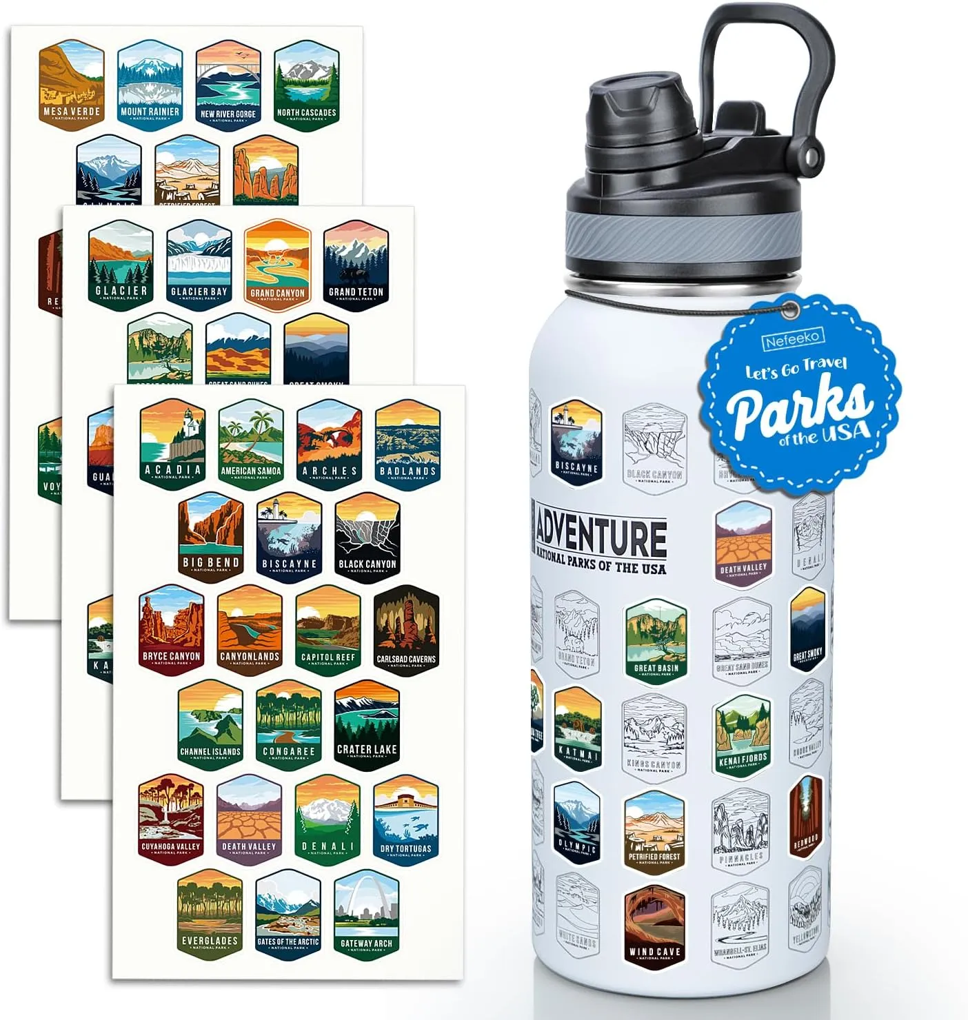 Nefeeko 32oz National Parks Water Bottle - Insulated Adventure Bottle with Waterproof Stickers | Leakproof Lid & Dual Straw/Spout | USA Bucket List Gift for Hikers, Camping & Outdoor Enthusiasts